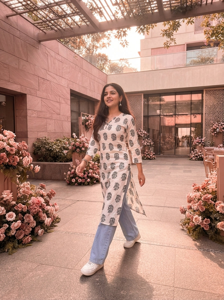 A woman wearing a white printed kurti walking through a modern urban space with blush and rose-toned architectural details.