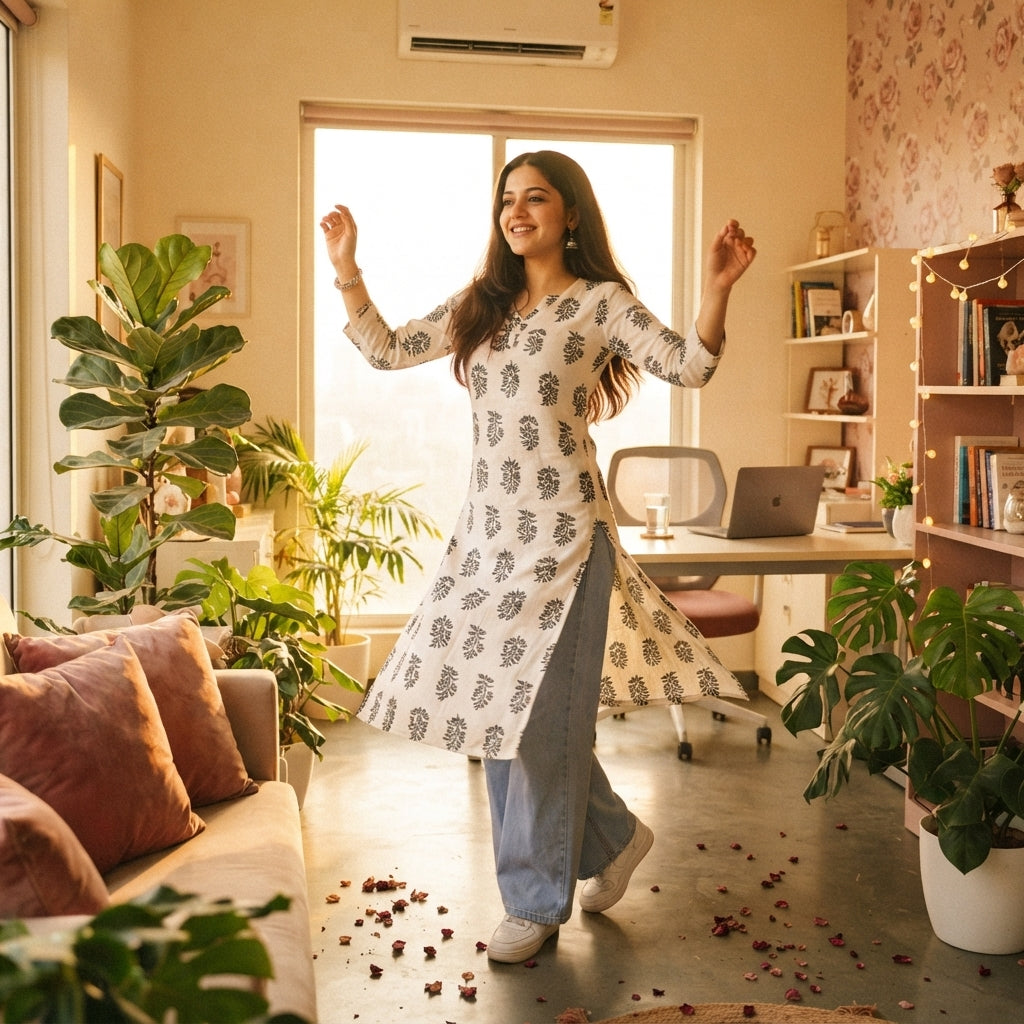 An Indian woman wearing a white printed cotton kurti in a stylish, sunlit office space decorated with warm cream and blush pi