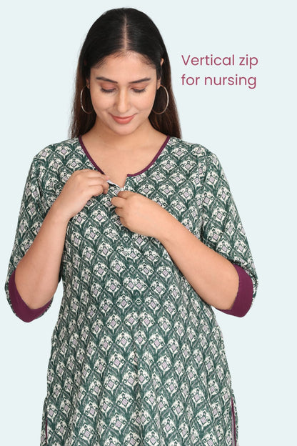 Green Printed Feeding Kurta